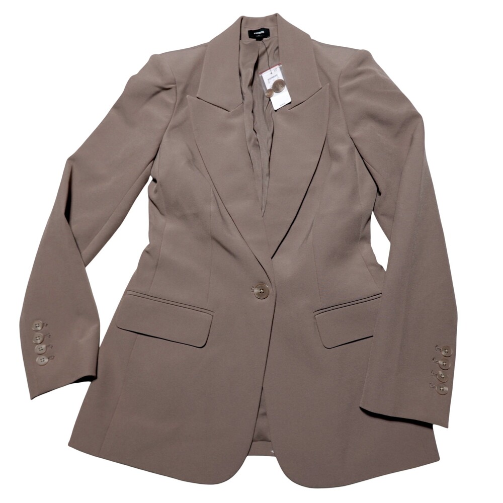 Express Blazer Womens XS Brown Woven Lined One Button Long Suit Jacket Workwear